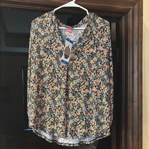 Vince Camuto Blue and Orange 3/4 Sleeve Blouse with Mandarin Collar